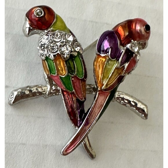 Vintage Enamel and Rhinestone Parrots on Branch Brooch Pin 1.5 x 1.5" Tropical - Picture 2 of 6